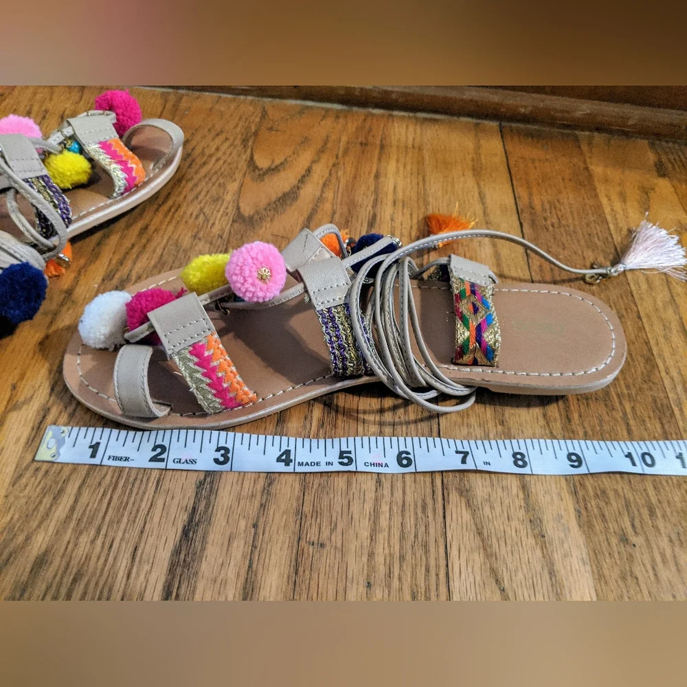 Asos Boho Pom Pom Colorful Tie Up Flat Sandals Size 7 Fesrival